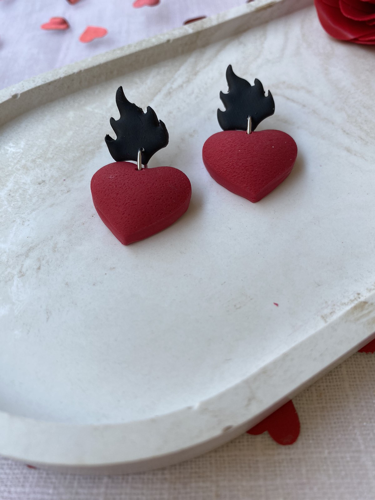 Red Heart dangles Earrings with flame