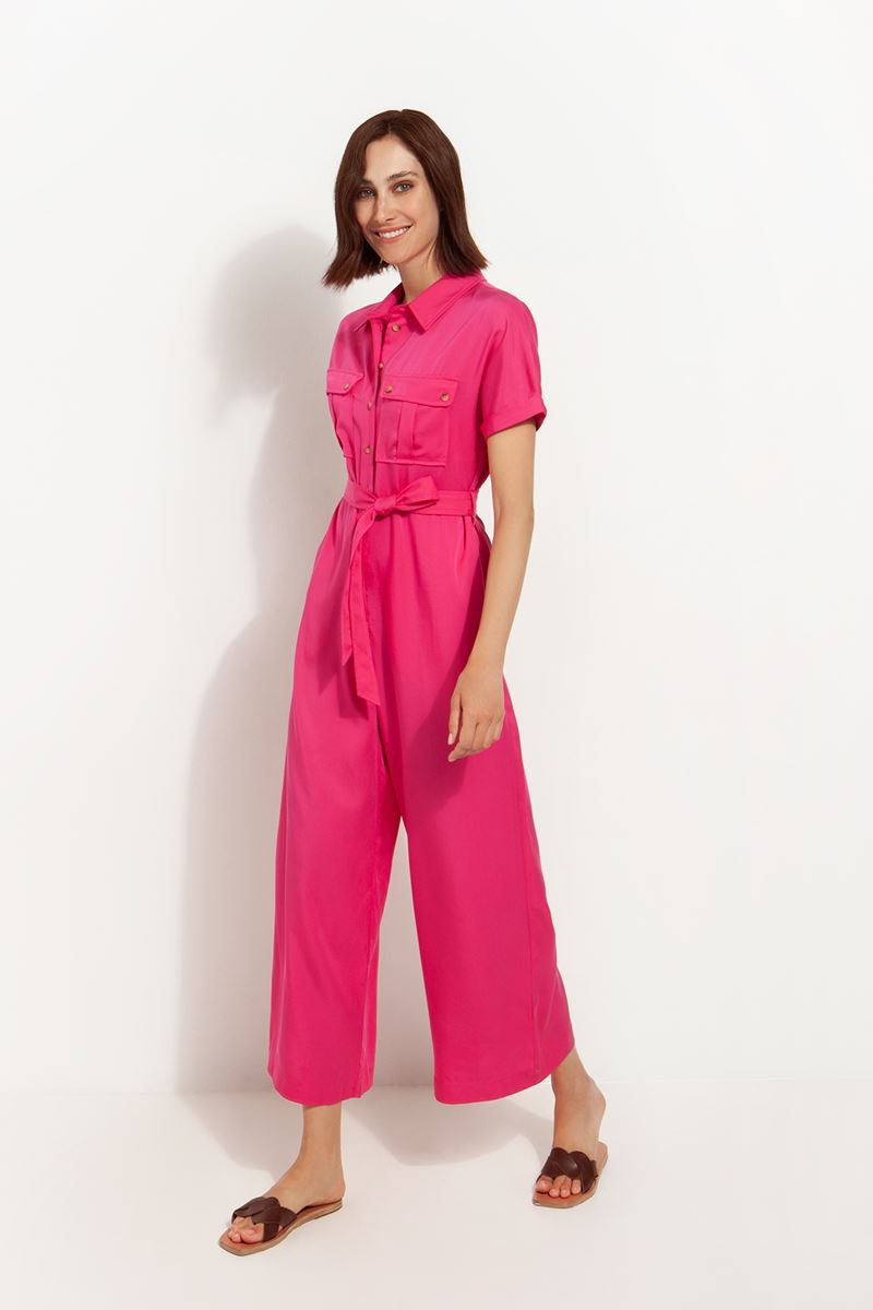 V-Neck Lyocell Full Length Wide Leg Jumpsuit With Front Buttons, Belt And Pockets SS23-500