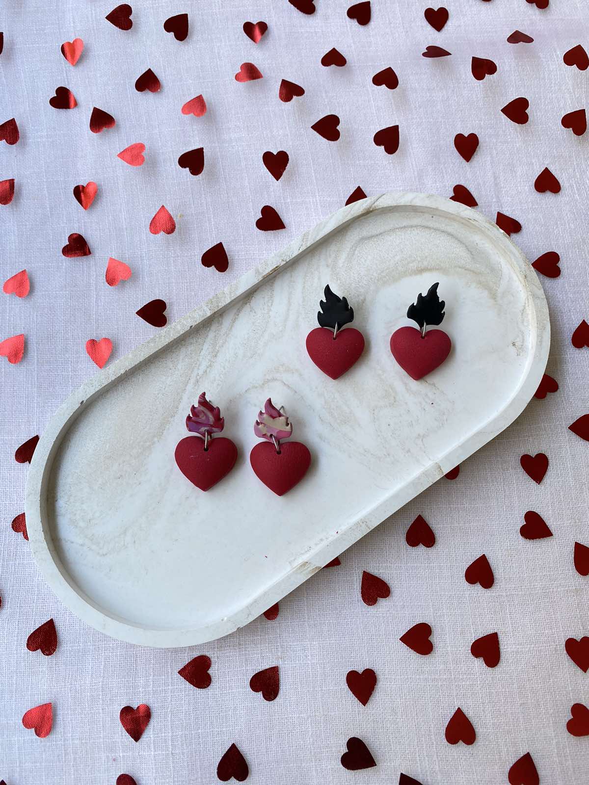 Red Heart dangles Earrings with flame