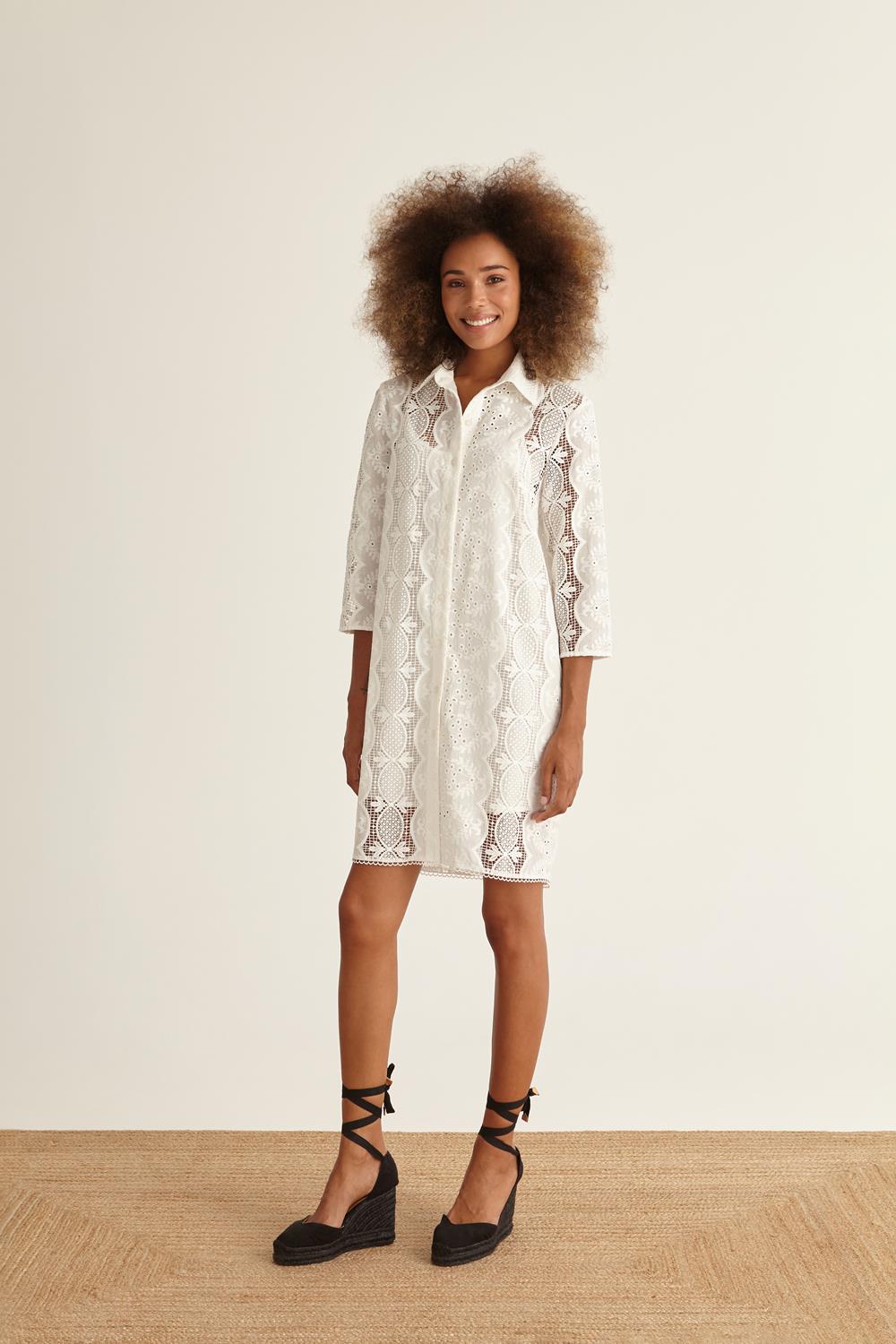 Knee Length Solid Lace Cotton Blend Shirt Dress with Lining