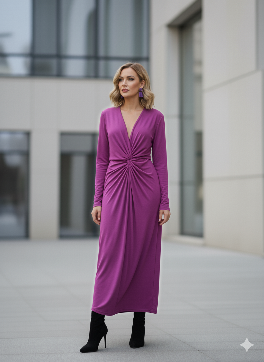 Φούξια Φόρεμα με Κόμπο στη Μέση & V Λαιμόκοψη