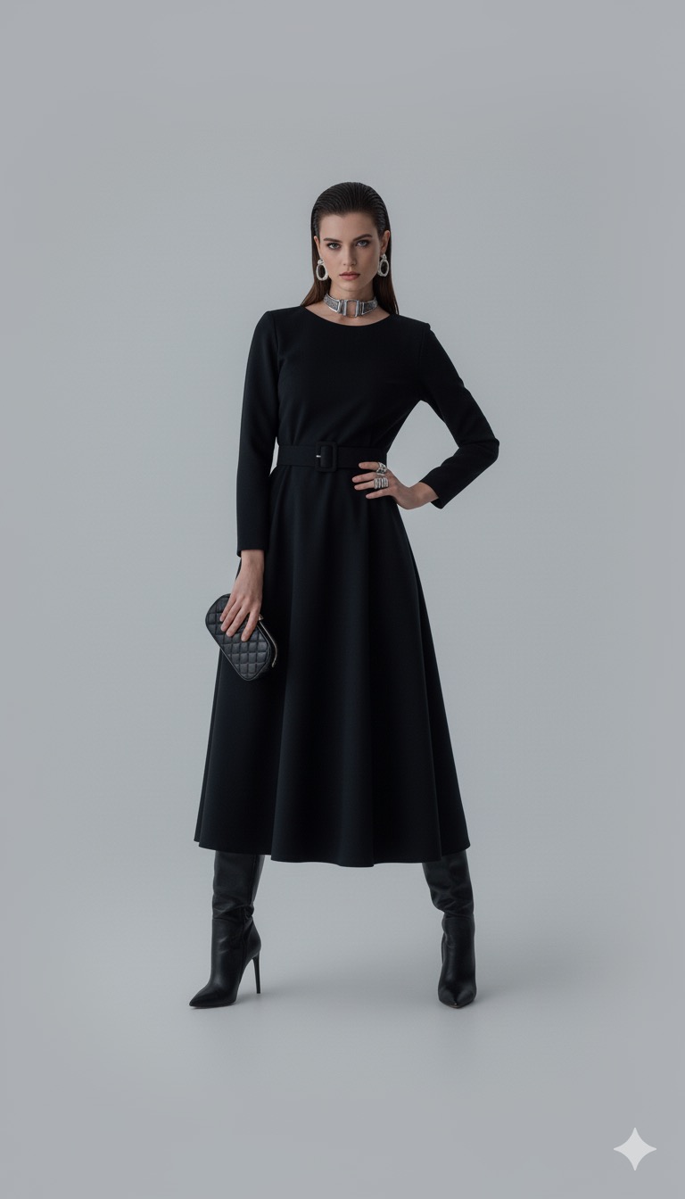 Μαύρο Midi Φόρεμα με Ζώνη