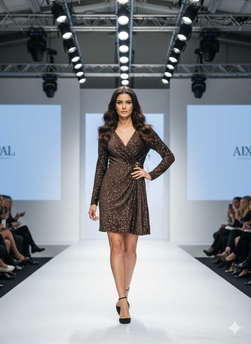 Καφέ Μίντι Φόρεμα Παγιέτα με Drapé Κόμπο & V Ντεκολτέ