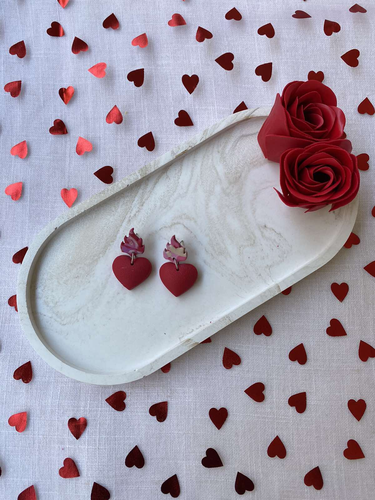 Red Heart dangles Earrings with flame