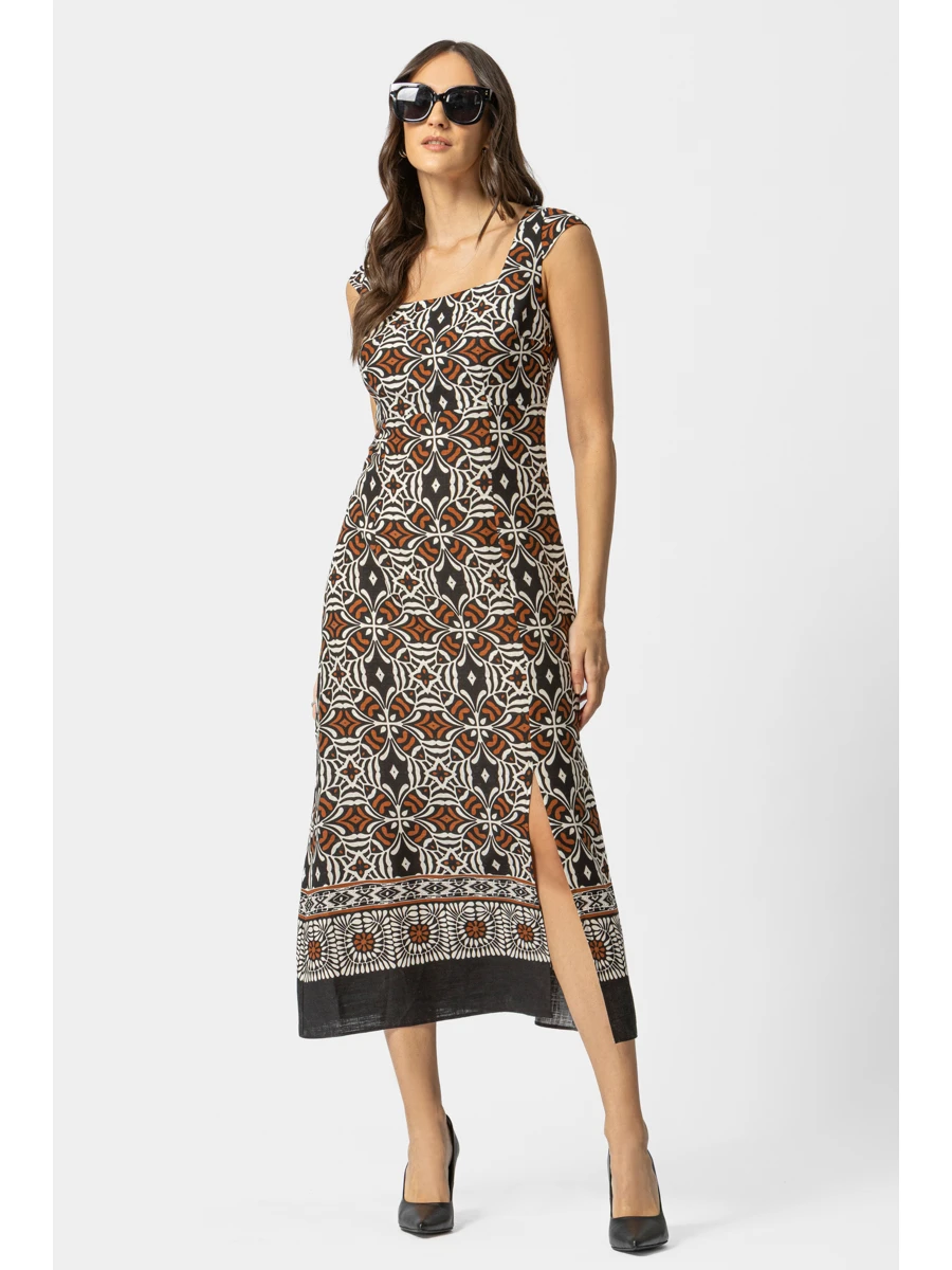 Λινό Εμπριμέ Midi Φόρεμα με Σκίσιμο – Ethnic Print