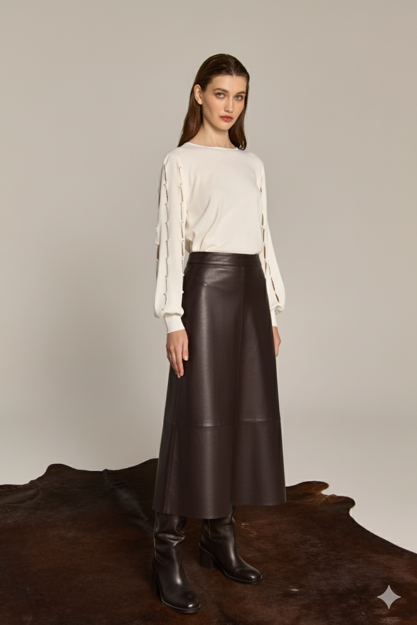 Ψηλόμεση Φούστα Κλος Faux Leather | Σκούρο Καφέ Midi