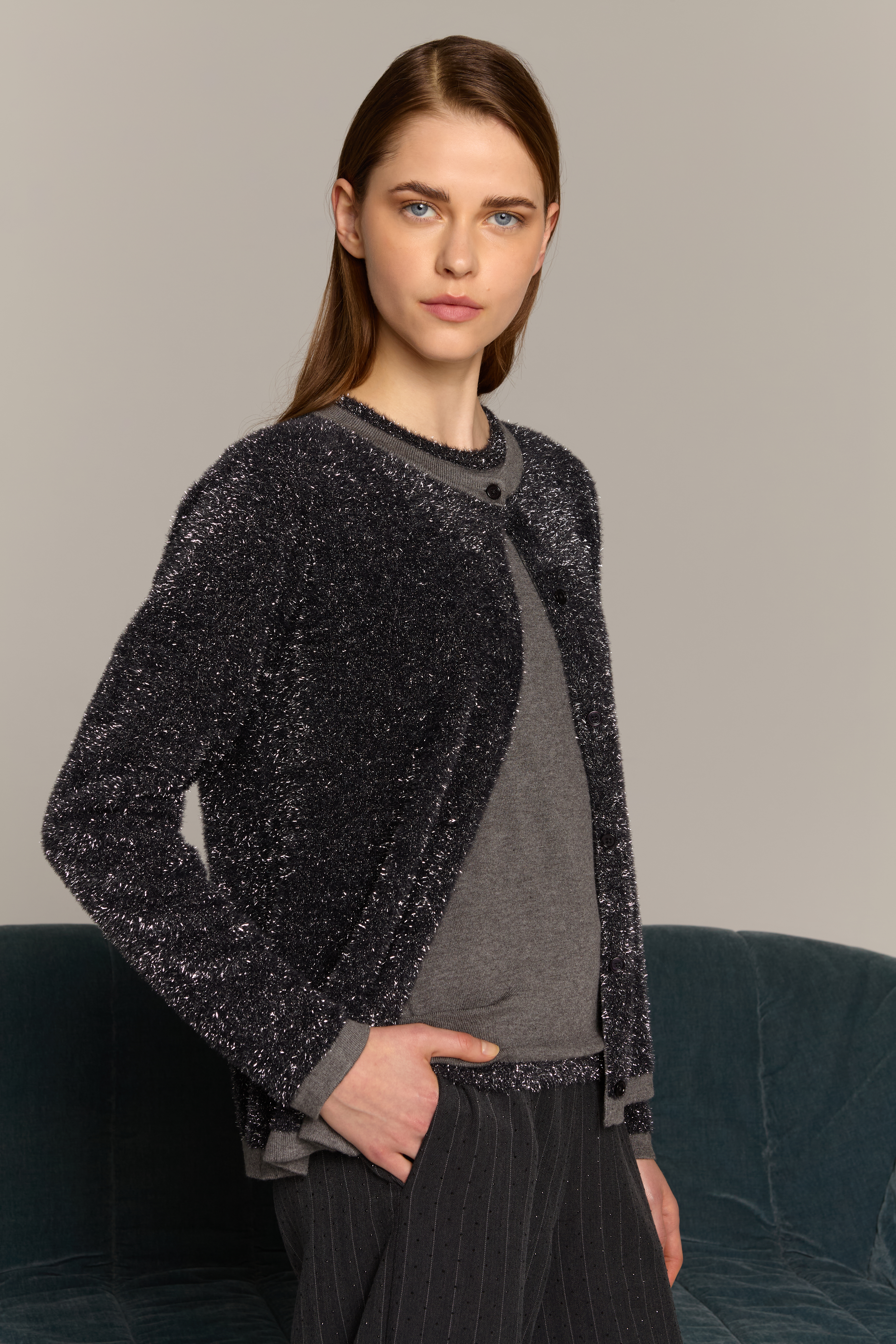 Μαύρη Ασημί Πλεκτή Ζακέτα με Λάμψη