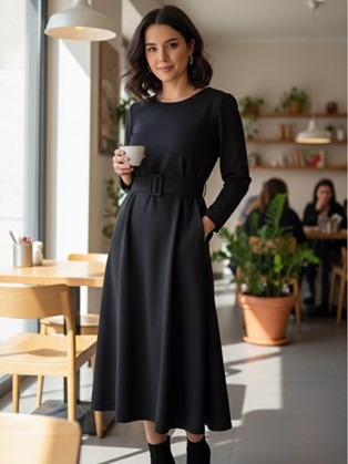 Μαύρο Midi Φόρεμα με Ζώνη