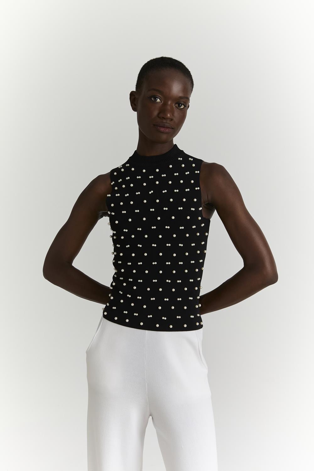 Πλεκτό Αμάνικο Top με Πέρλες Marina V Paris