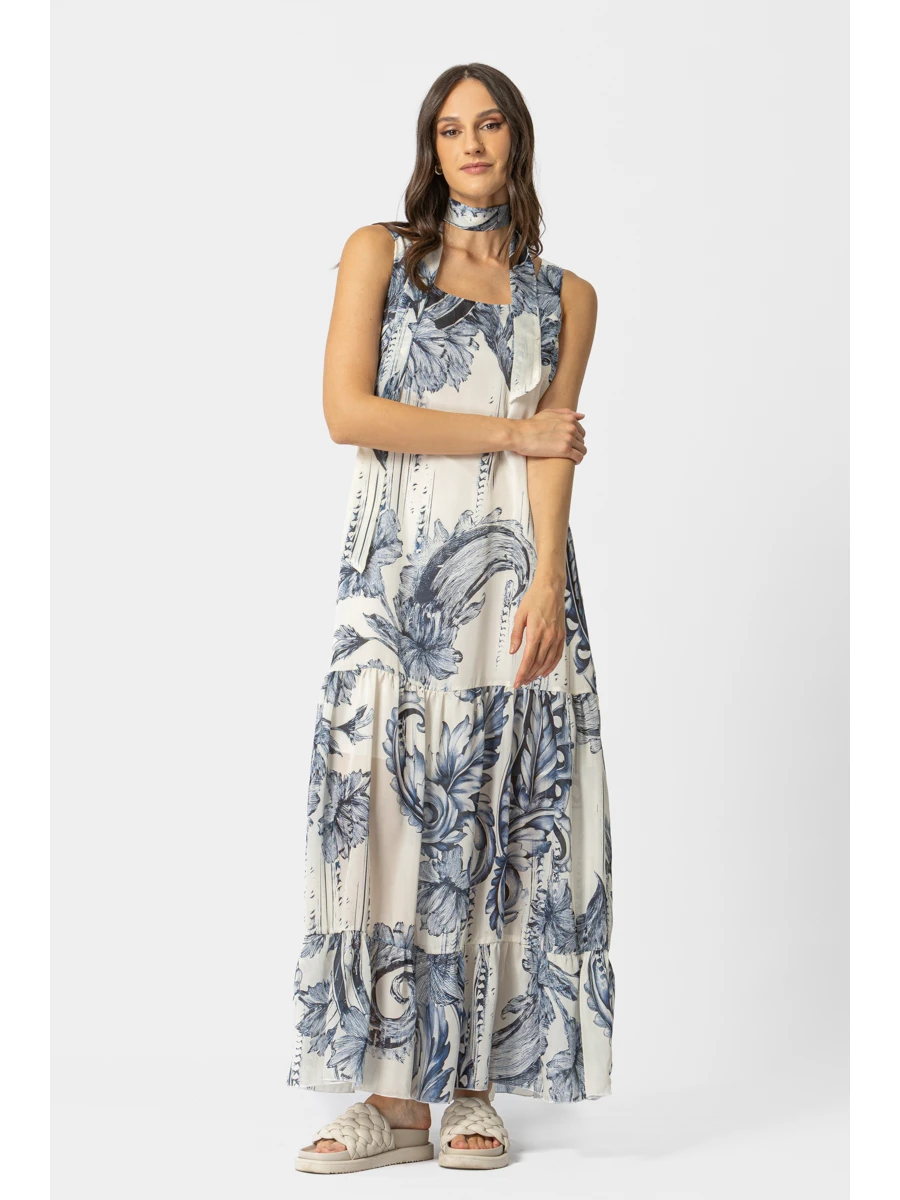 Maxi Φόρεμα με Print & Ζώνη – Εκρού/Μπλε