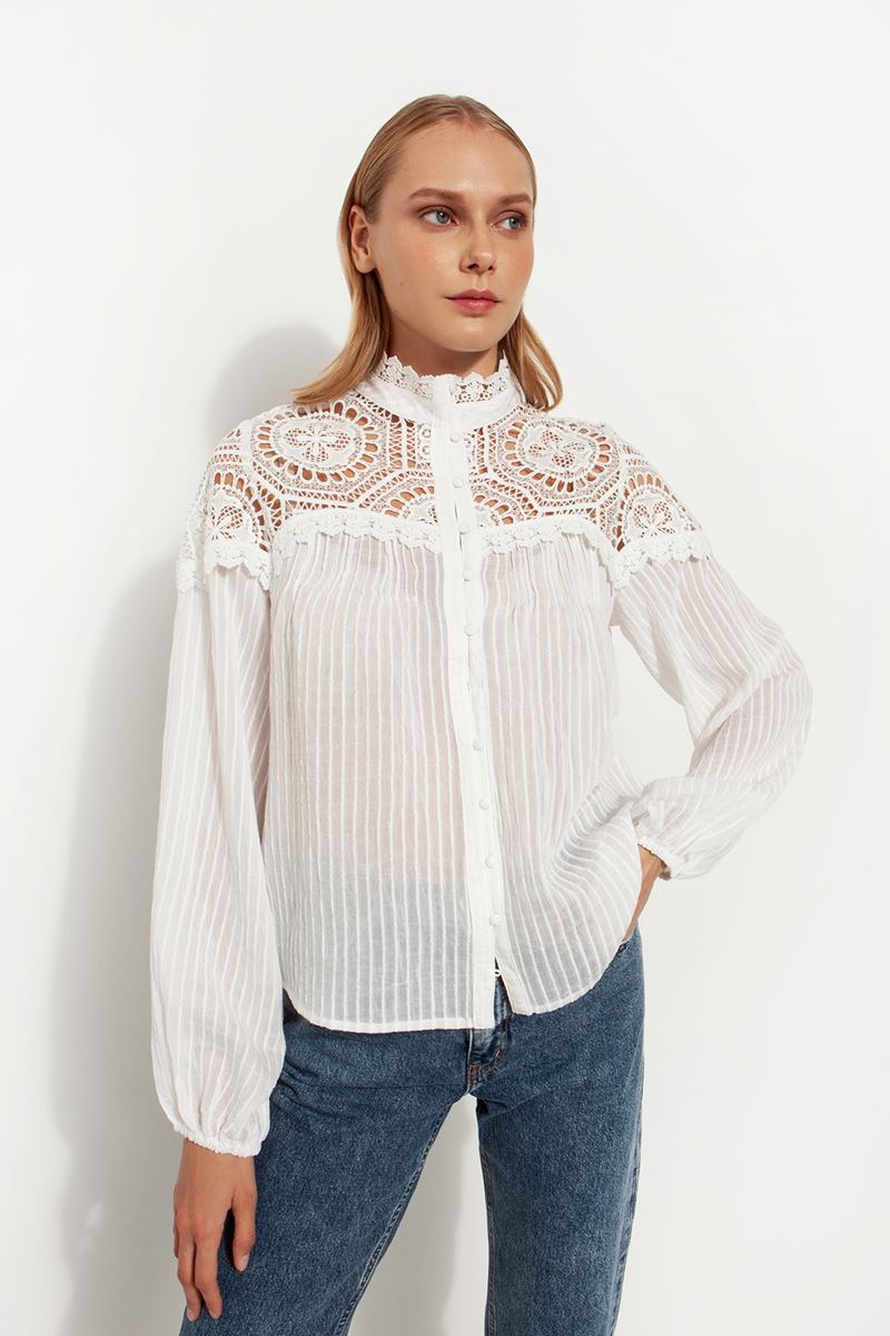 Λευκό Δαντελένιο Boho Πουκάμισο  SS23-317