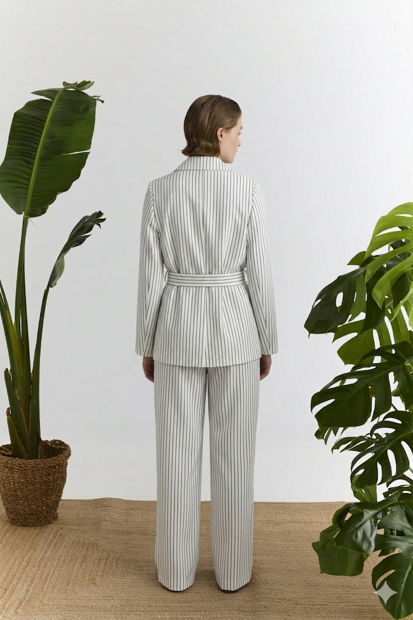 Ριγέ Βαμβακερό Blazer με Ζώνη Marina V