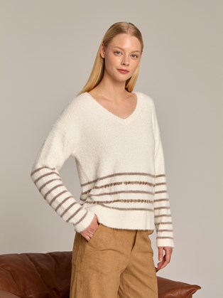 Πουλόβερ Marina V Λευκό με Μπεζ Ρίγες & Παγιέτες