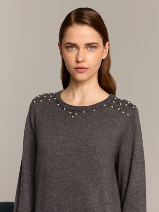 Γκρι Πλεκτό Midi Φόρεμα με Πέρλες στους Ώμους