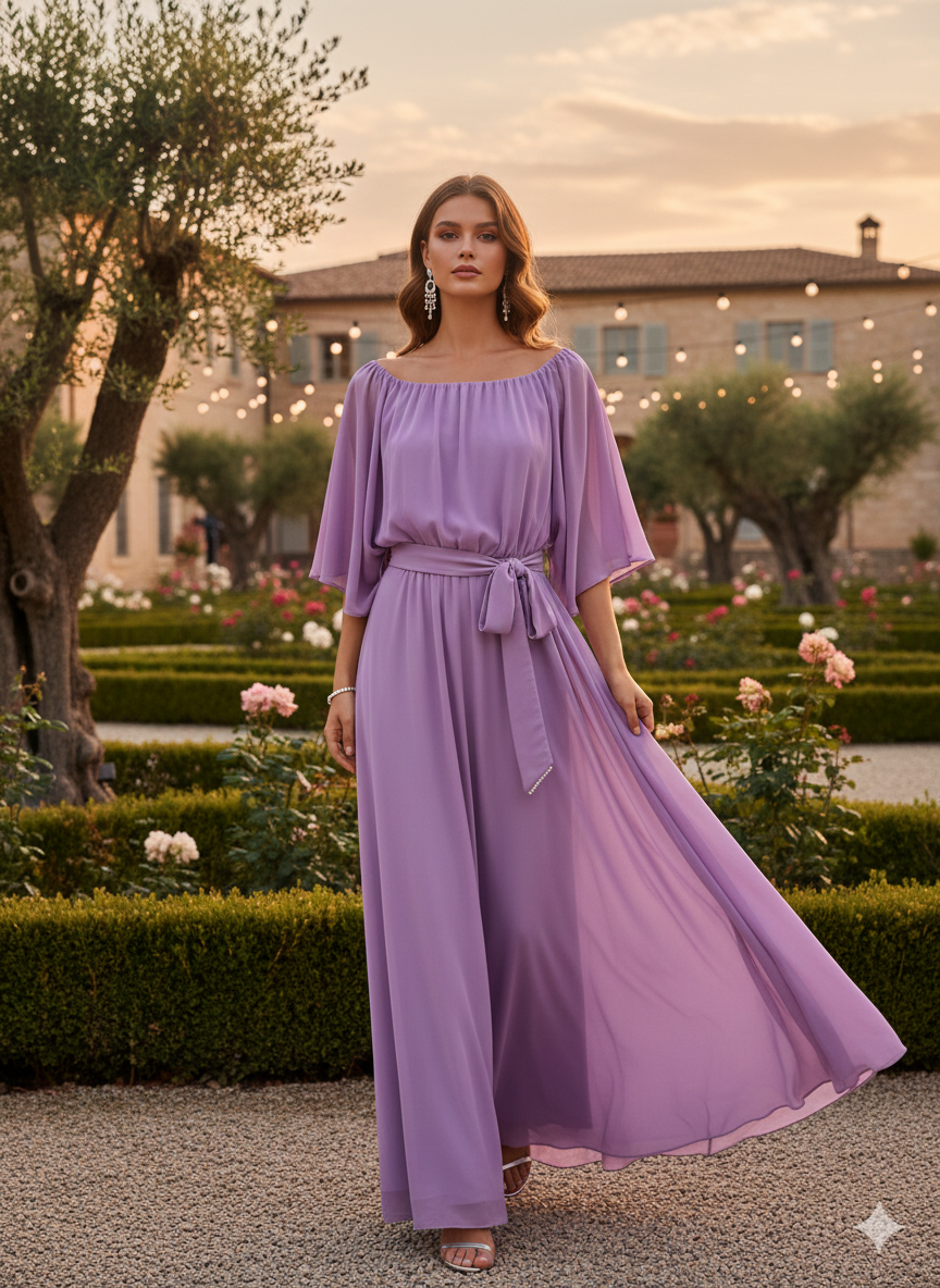 Λιλά Μάξι Φόρεμα Μουσελίνα για Γάμο & Βάπτιση 