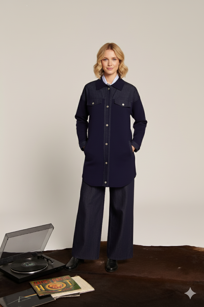 Μακρύ πουκάμισο-τζάκετ Marina V Paris σε navy blue με denim λεπτομέρειες.