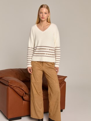 Πουλόβερ Marina V Λευκό με Μπεζ Ρίγες & Παγιέτες