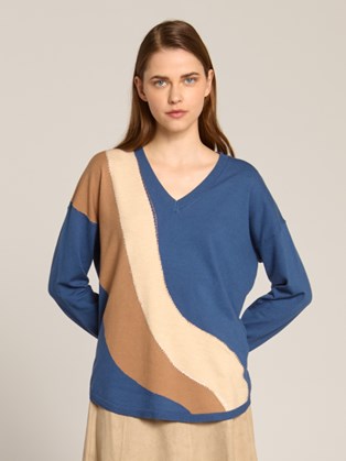 Γυναικείο Μπλε Πουλόβερ με Γραμμικά Prints