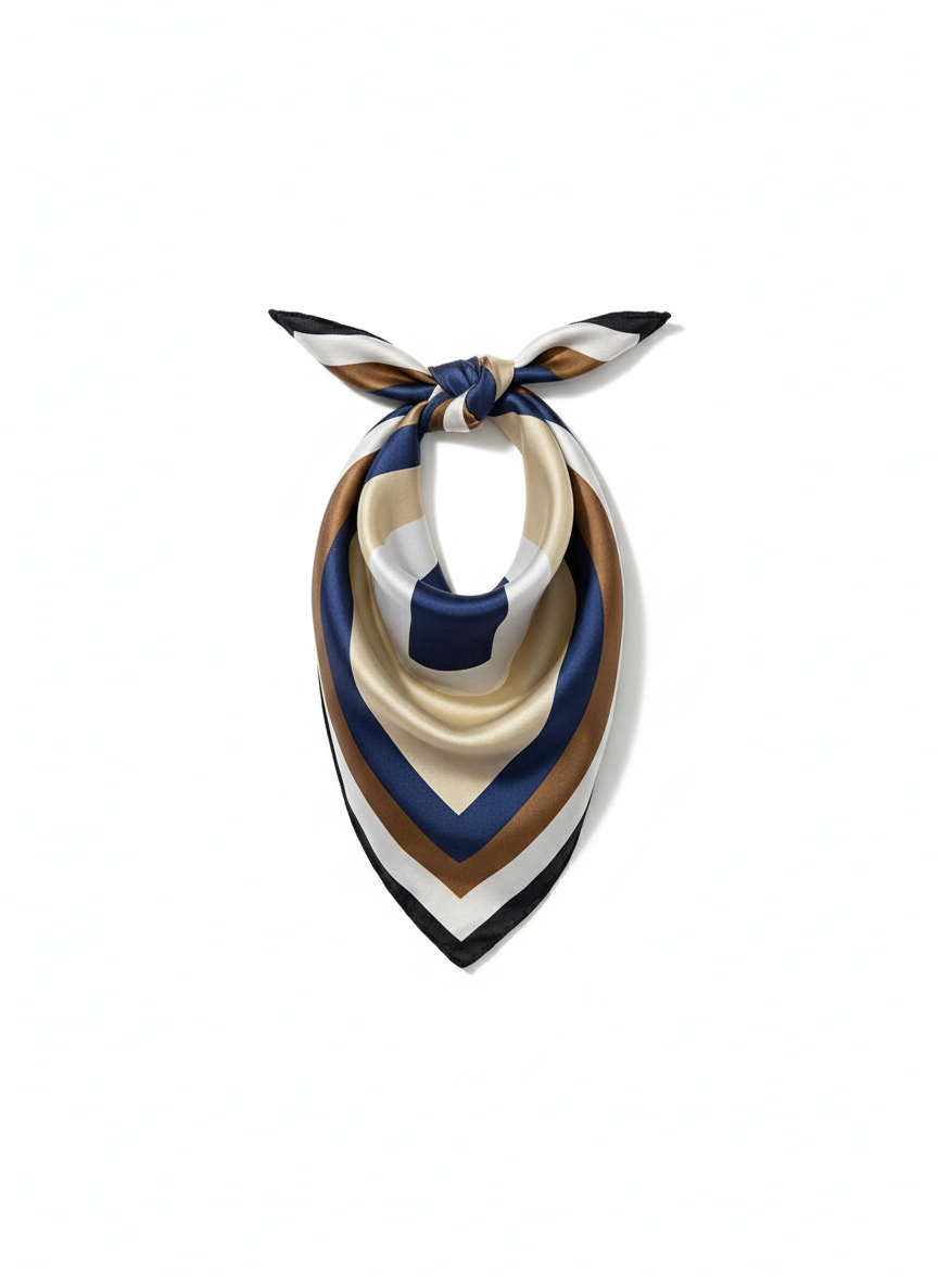 Σατέν Φουλάρι με Γεωμετρικές Γραμμές σε Μπλε & Καφέ Τόνους