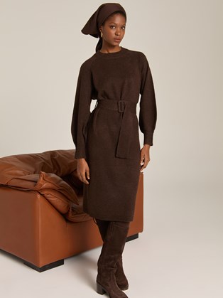 Πλεκτό Καφέ Midi Φόρεμα με Ζώνη