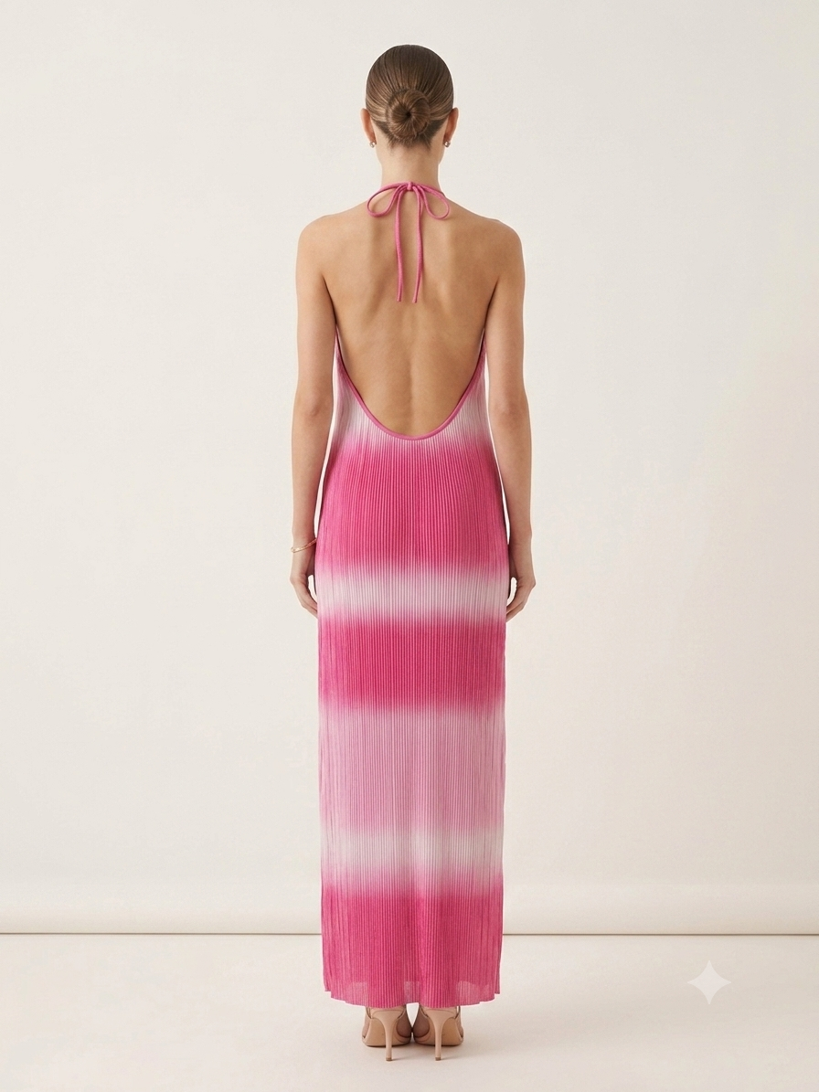 Ροζ Πλισέ Maxi Φόρεμα Halter Degradé