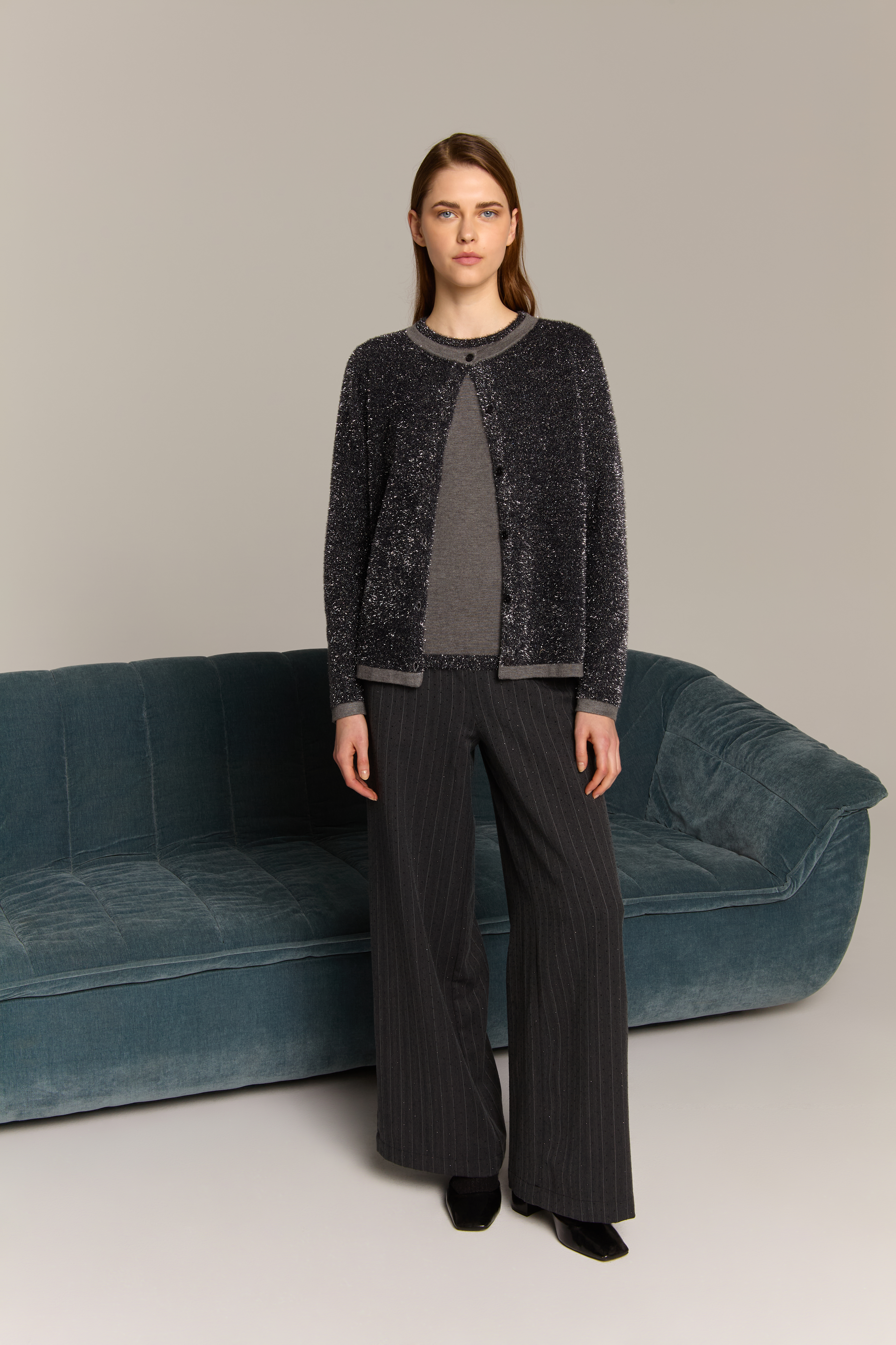 Μαύρη Ασημί Πλεκτή Ζακέτα με Λάμψη