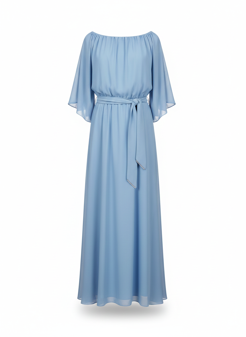 Μαξι Φόρεμα Μουσελίνα Σιελ για Γάμο & Βάπτιση