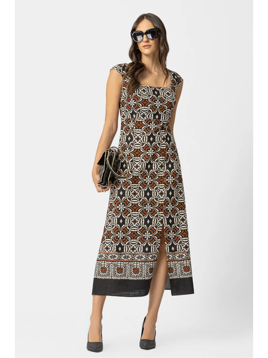 Λινό Εμπριμέ Midi Φόρεμα με Σκίσιμο – Ethnic Print