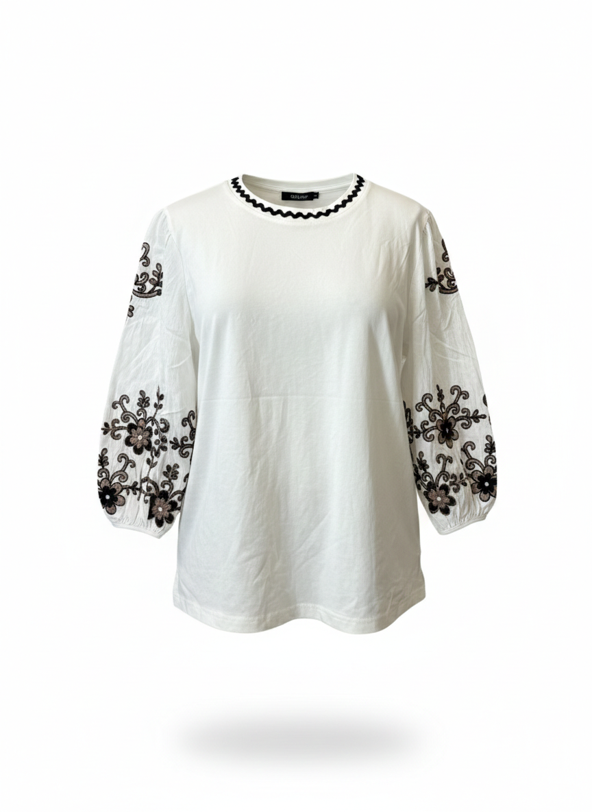Λευκή Μπλούζα με Κεντημένα Μανίκια Marina V