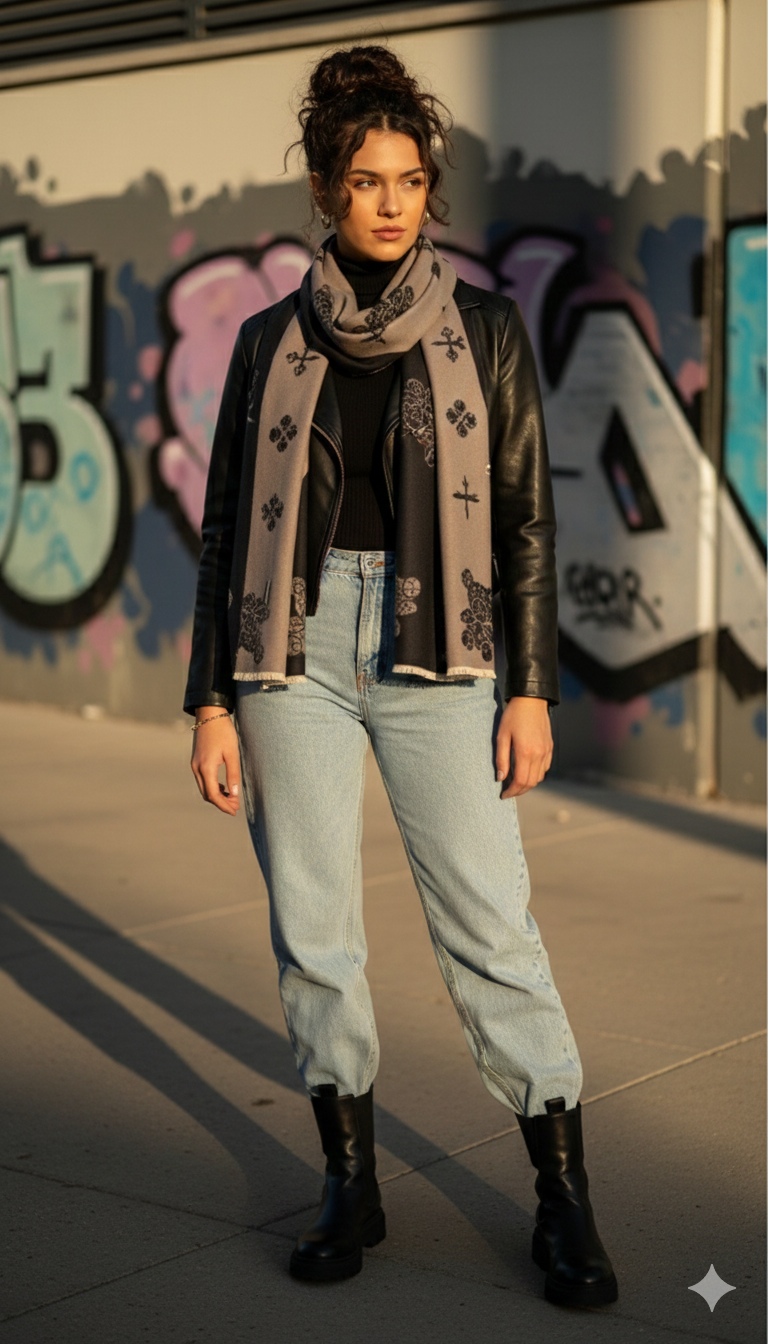 Σατέν Φουλάρι Με Floral Μοτίβο & Μαύρο Περίγραμμα