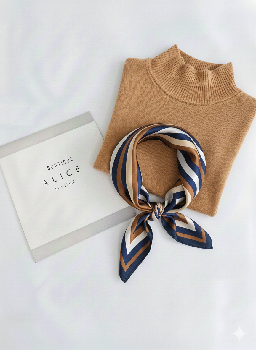 Σατέν Φουλάρι με Γεωμετρικές Γραμμές σε Μπλε & Καφέ Τόνους