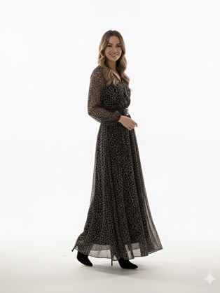 Μαύρο Animal Print Maxi Φόρεμα 