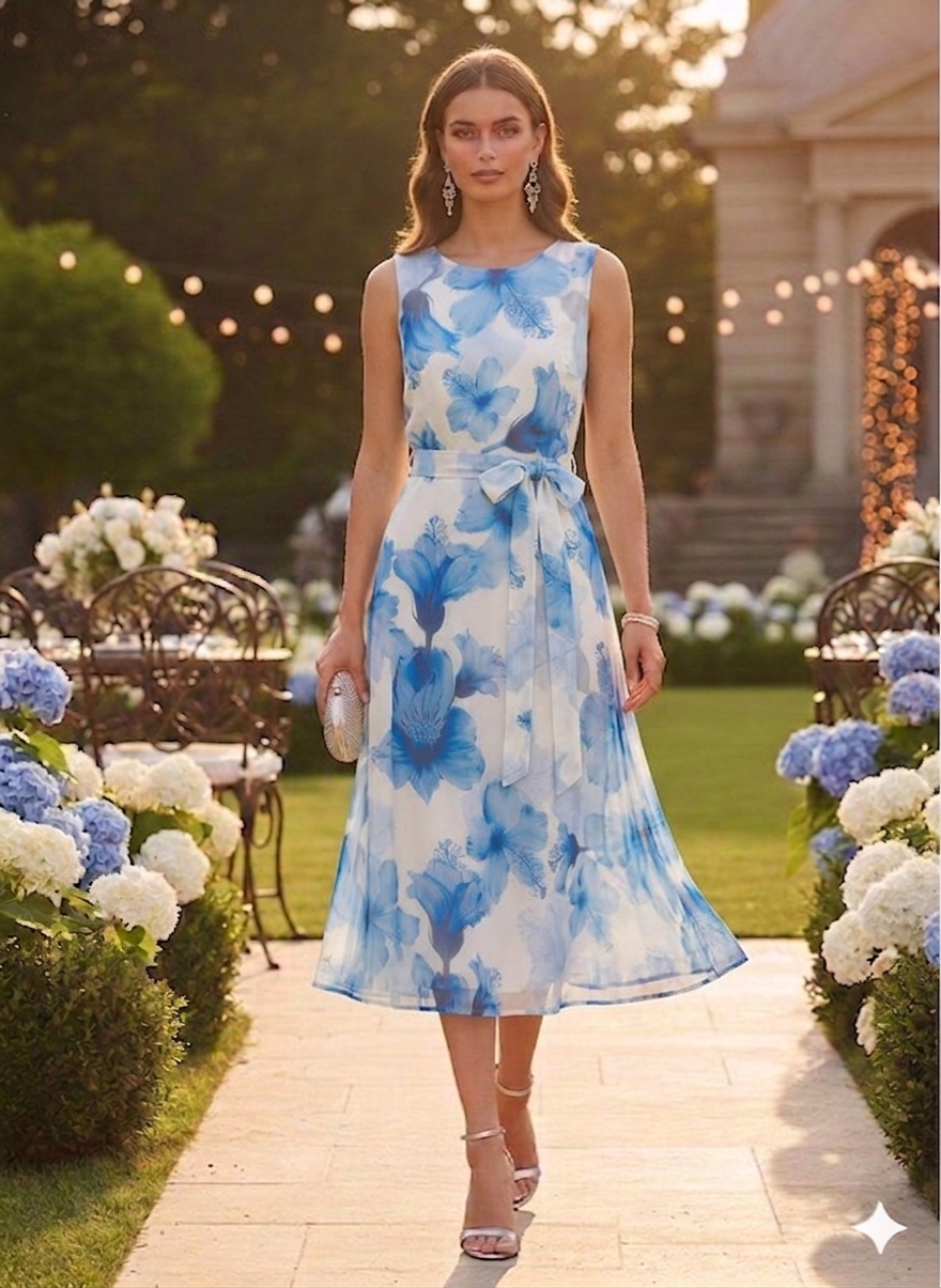 Midi Φόρεμα με Μπλε Λουλούδια & Ζώνη