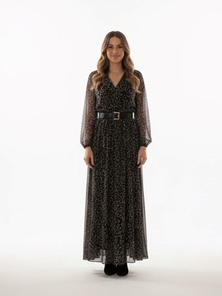 Μαύρο Animal Print Maxi Φόρεμα 
