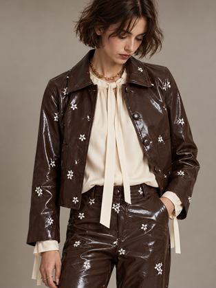 Wild Pony Καφέ Faux Leather Jacket με Almond Flower Print