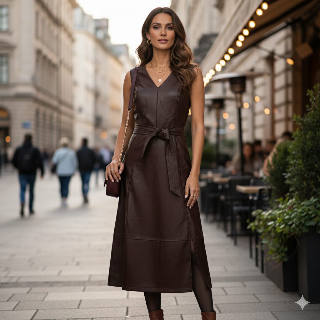  Μίντι Δερμάτινο Φόρεμα με Ζώνη από τη Marina V Paris