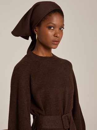 Πλεκτό Καφέ Midi Φόρεμα με Ζώνη