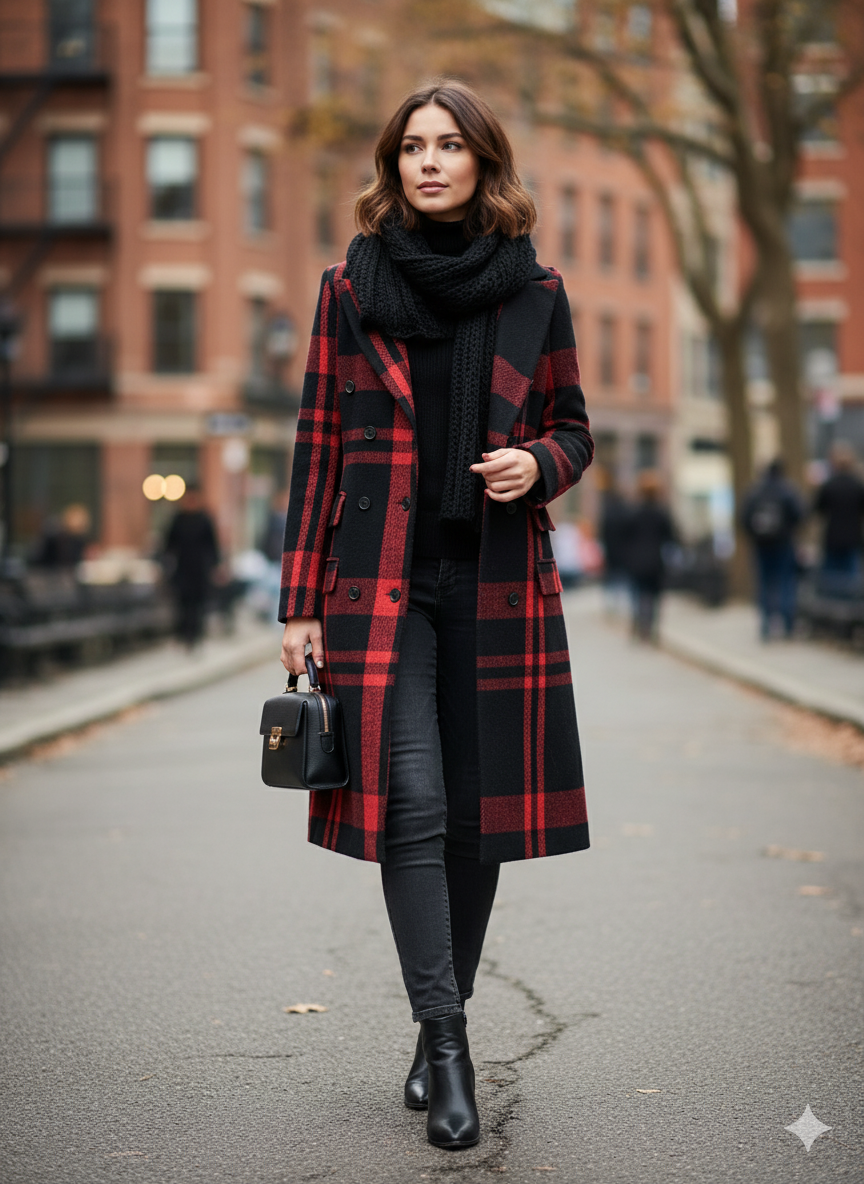 Γυναικείο Μαύρο–Κόκκινο Καρό  Παλτό