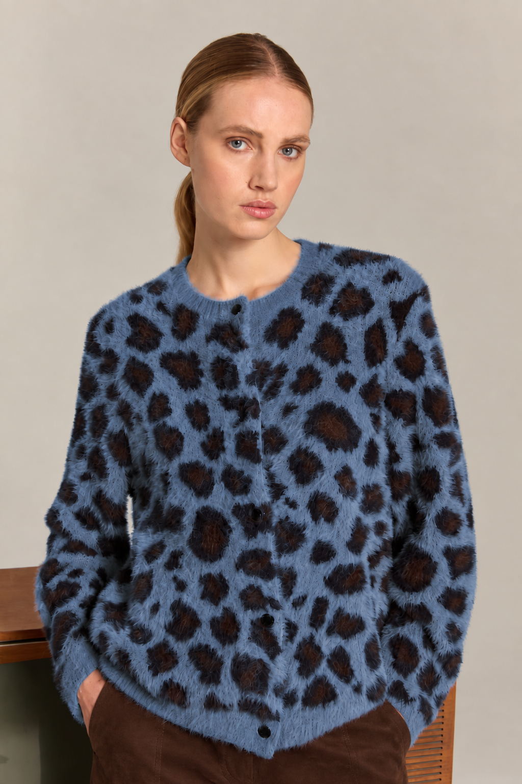 Γυναικεία Fluffy Πλεκτή Ζακέτα Animal Print Marina V Paris