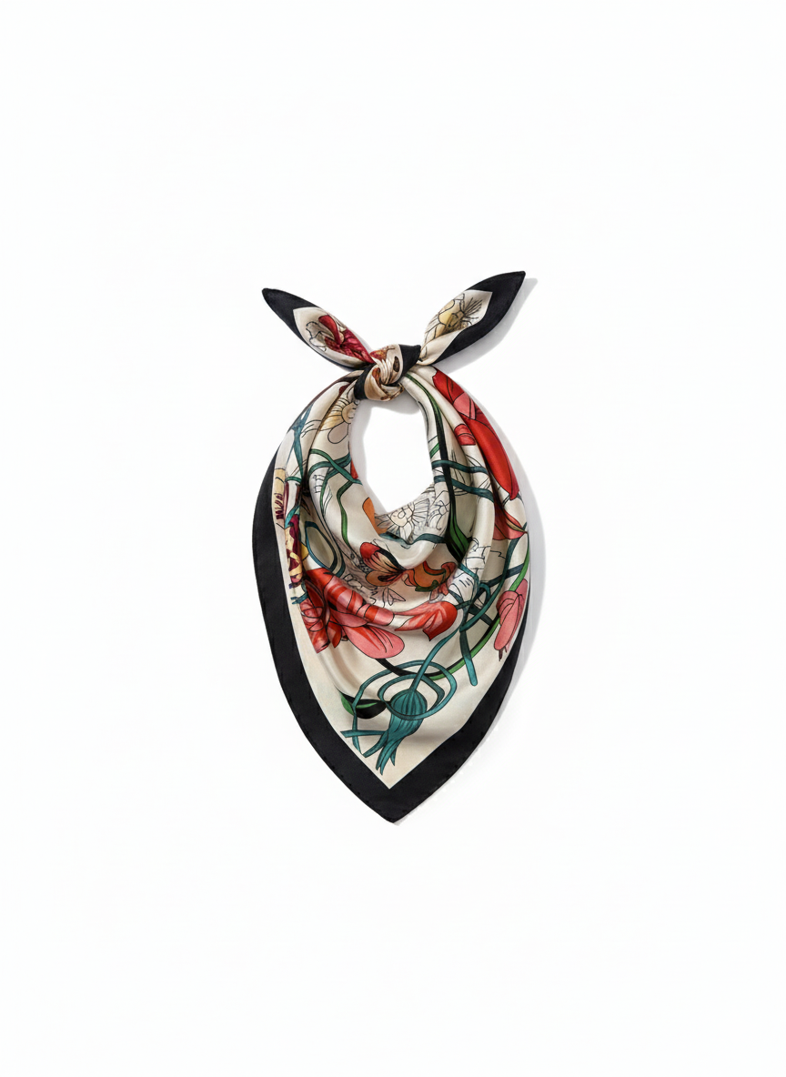 Σατέν Φουλάρι Με Floral Μοτίβο & Μαύρο Περίγραμμα