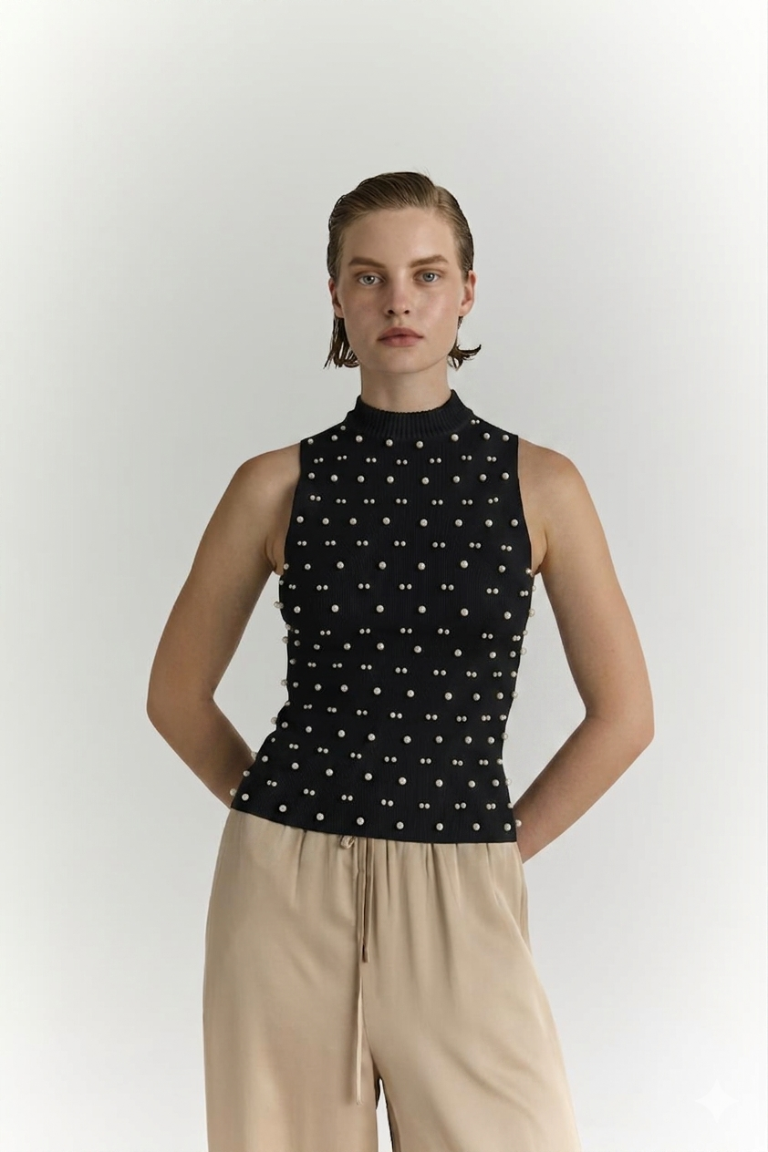 Πλεκτό Αμάνικο Top με Πέρλες Marina V Paris