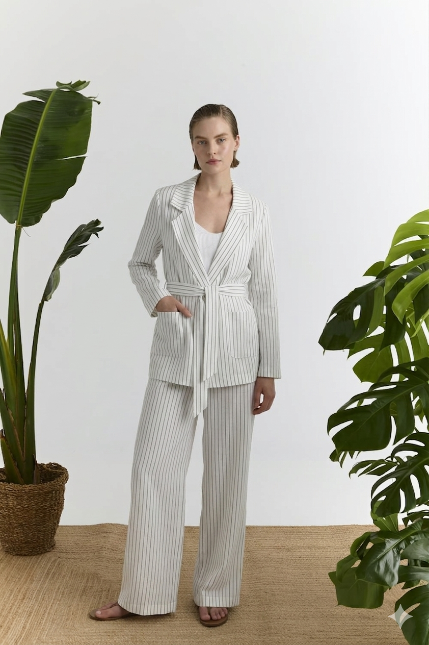 Ριγέ Βαμβακερό Blazer με Ζώνη Marina V