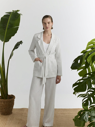 Ριγέ Βαμβακερό Blazer με Ζώνη Marina V