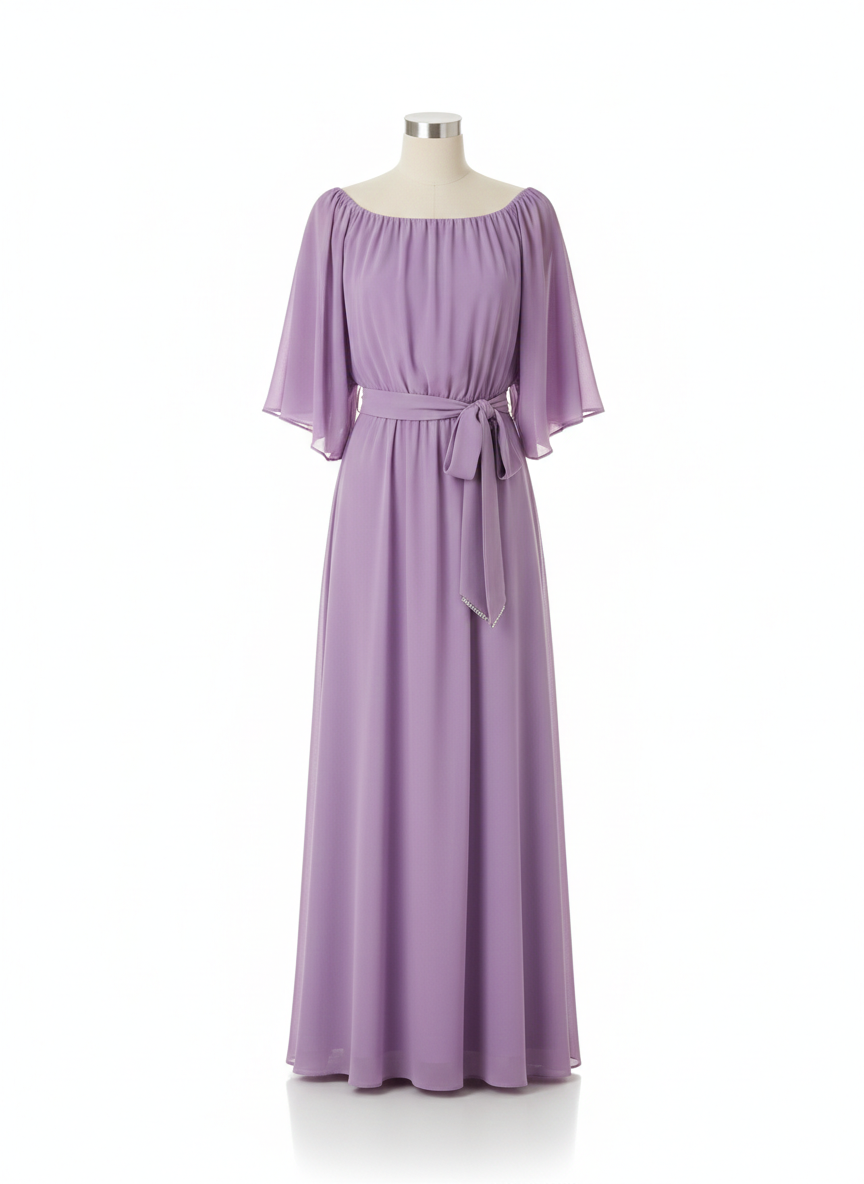 Λιλά Μάξι Φόρεμα Μουσελίνα για Γάμο & Βάπτιση 