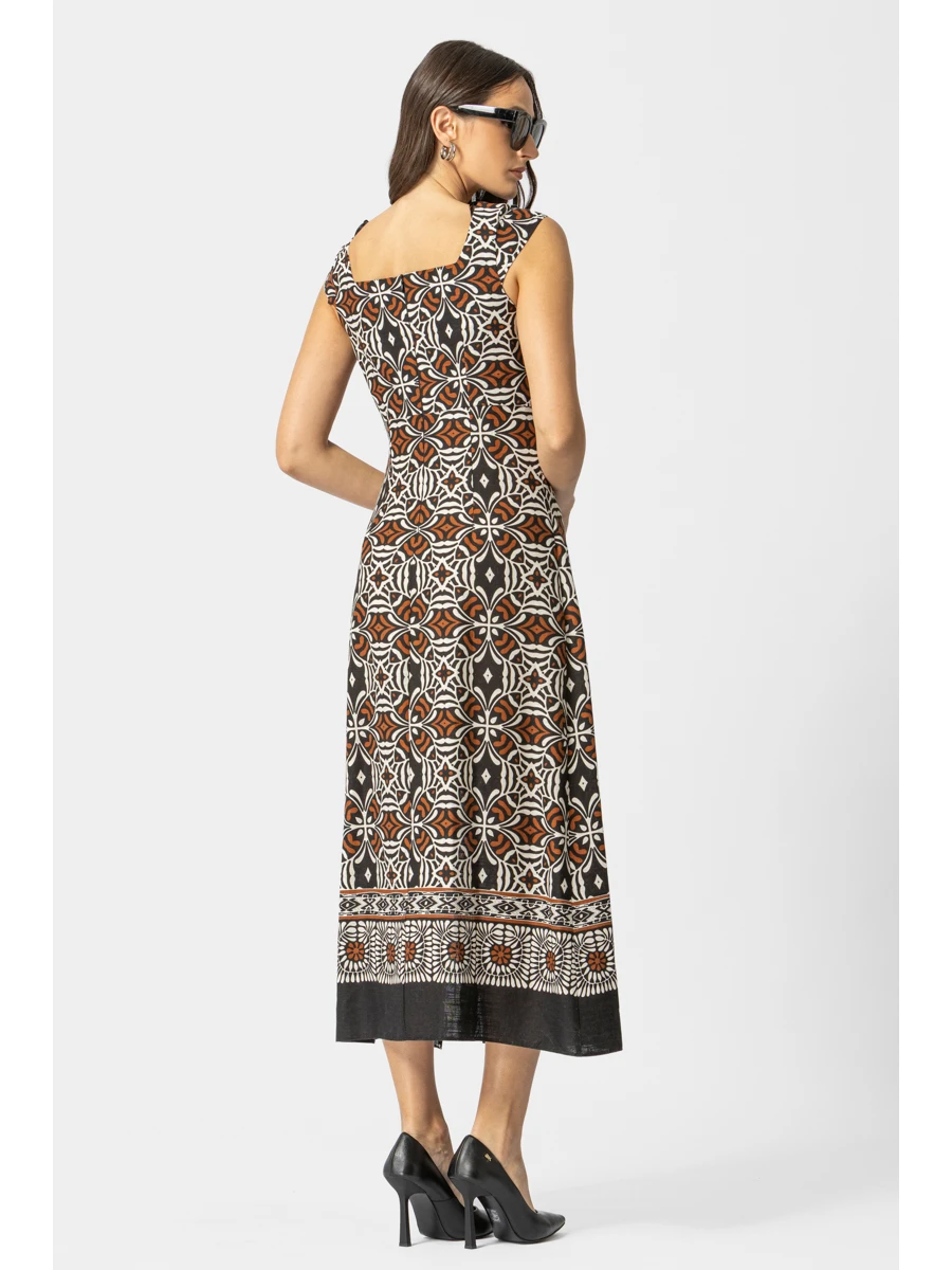 Λινό Εμπριμέ Midi Φόρεμα με Σκίσιμο – Ethnic Print
