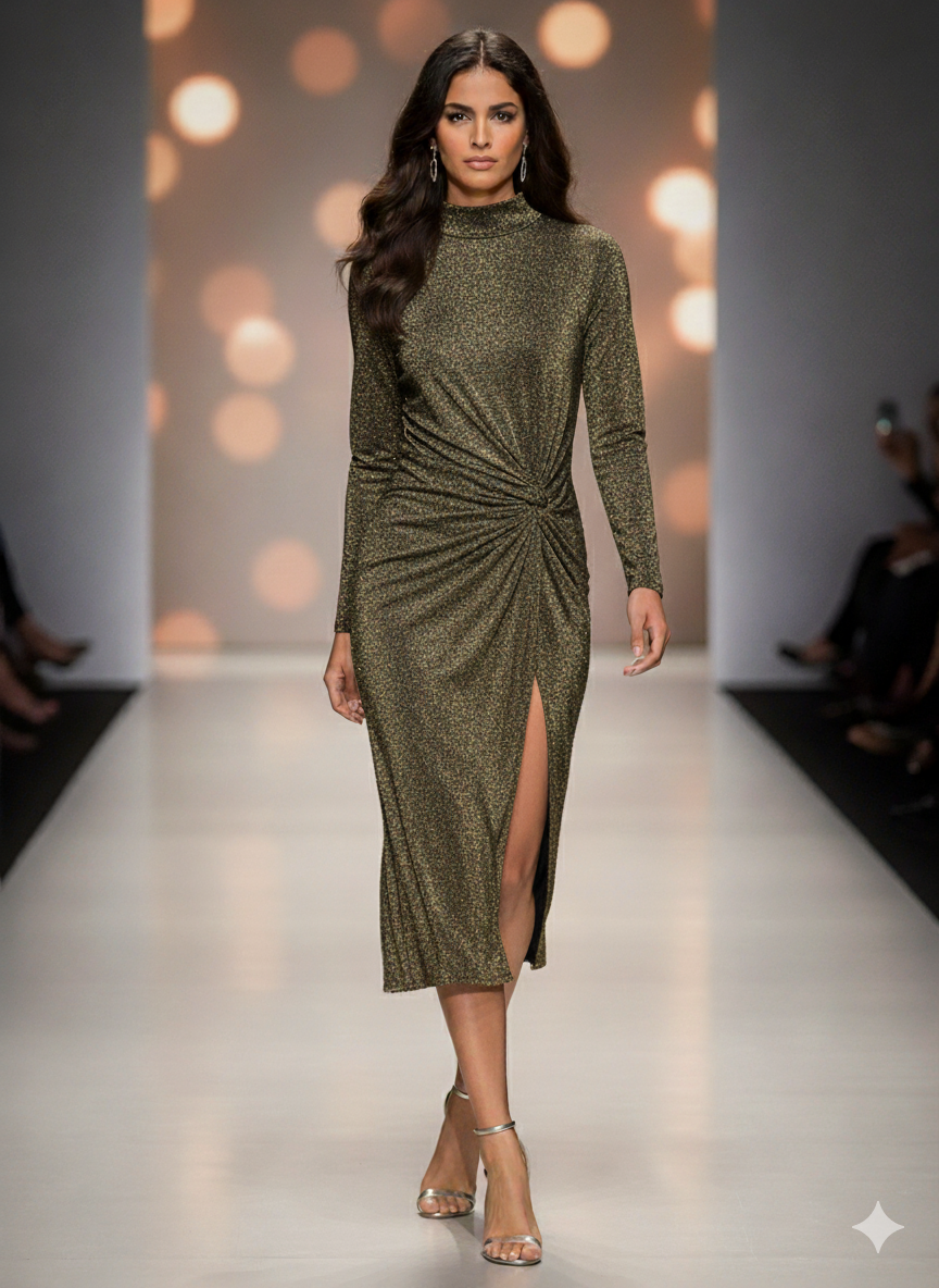 Χρυσό Μεταλλιζέ Midi Φόρεμα με Σχέδιο Κόμπο & Σκίσιμο